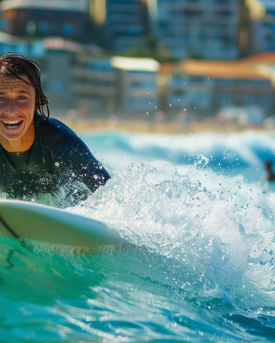 A joyful surfer rides the crisp blue waves in Sydney’s Bondi Beach.