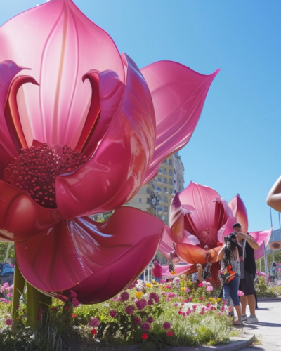 Giant flower sculptures in Vallero Square.