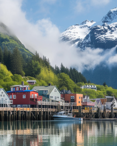 Whittier, Alaska: A serene harbour town against the Chugach Mountains.