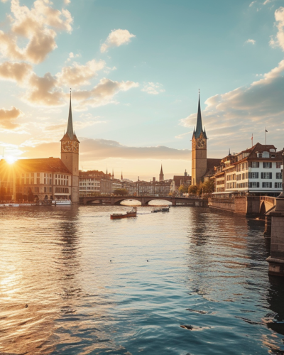Golden hour over the tranquil Limmat in Zürich.