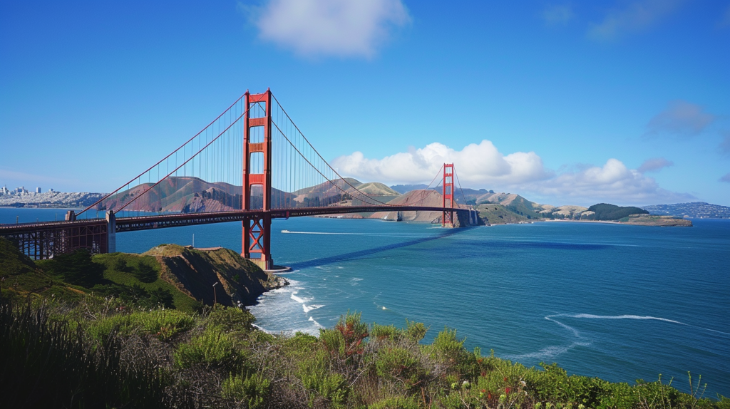 Iconic Golden Gate Bridge spanning the blue waters of San Francisco Bay.