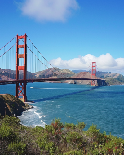 Iconic Golden Gate Bridge spanning the blue waters of San Francisco Bay.