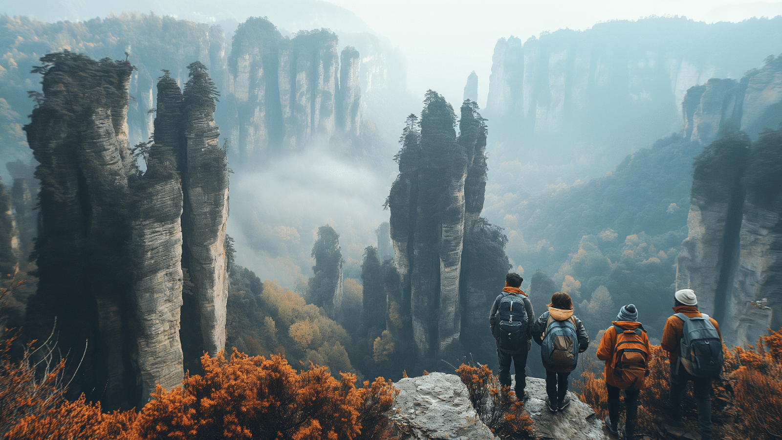 Hikers gaze at towering misty cliffs of Zhangjiajie National Forest Park in China, a top Asia travel destination for adventurers