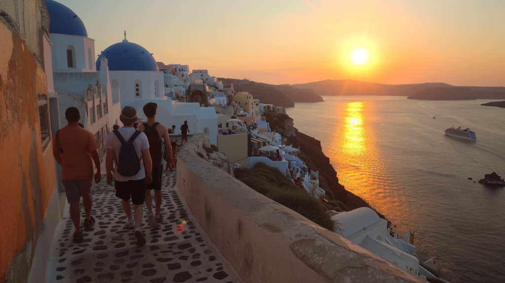 Sunset over Oia with blue domed churches and white buildings, tourists strolling.
