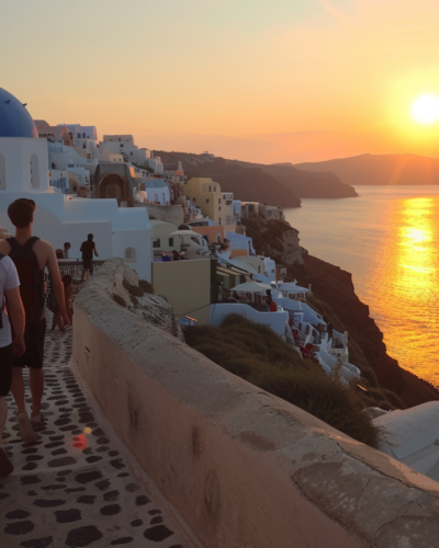 Sunset over Oia with blue domed churches and white buildings, tourists strolling.