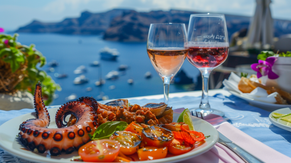 Greek meal with tomatokeftedes and grilled octopus in Santorini, ocean view in the background.