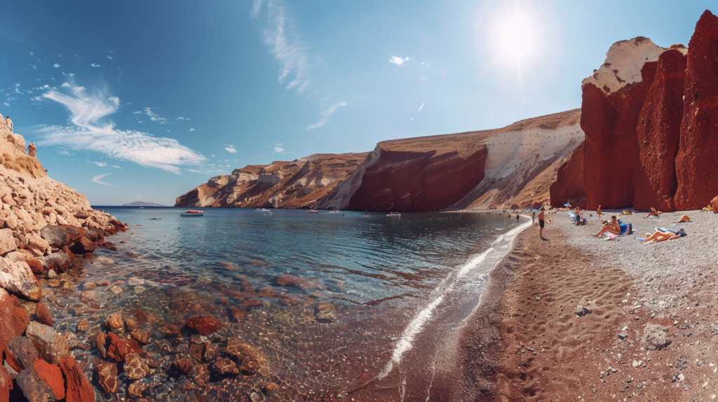 Red Beach in Santorini with sunbathers and swimmers, red volcanic rocks and clear blue water.