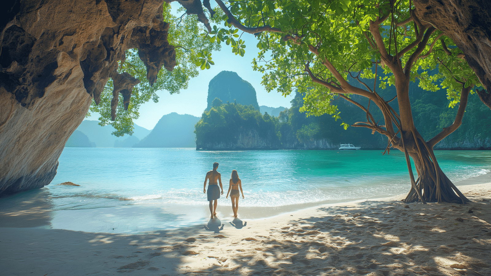 Couple walks on secluded beach nearby one of the best hotels in Asia for privacy