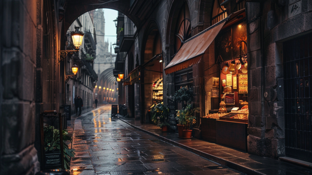 Morning light in Barcelona's Gothic Quarter, locals opening shops along narrow streets.