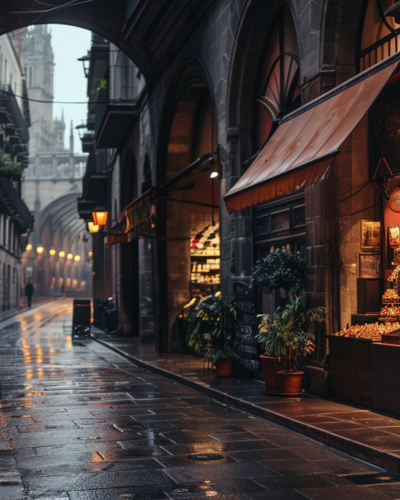 Morning light in Barcelona's Gothic Quarter, locals opening shops along narrow streets.