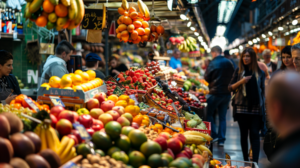 Colorful fruit stall at La Boqueria Market in Barcelona, surrounded by busy shoppers.