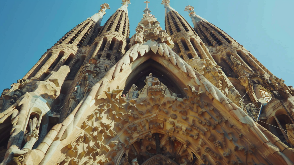 Tourists looking up at the detailed facade of Sagrada Familia in Barcelona under a blue sky.
