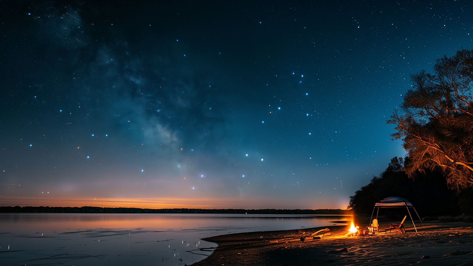 Friends around a campfire under the stars at Lake Sinclair beach.