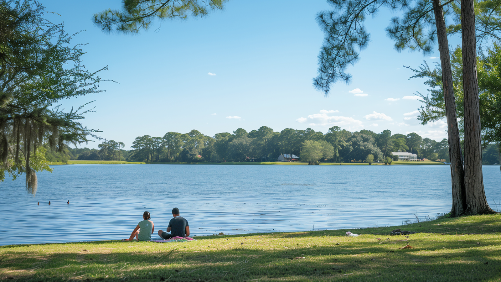 Family picnic by Lake Blackshear, children playing by the water.