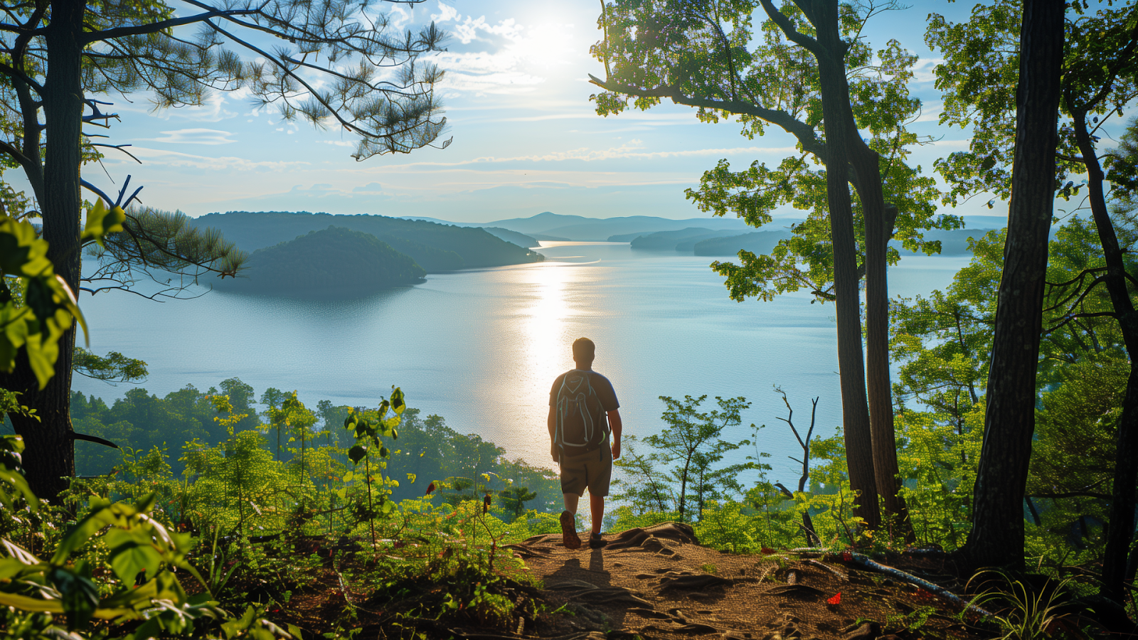 Hiker overlooking Lake Lanier and the Appalachian foothills at sunrise.