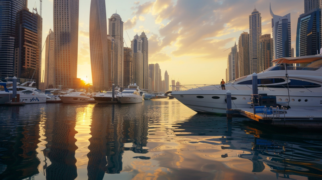 Sunset at Dubai Marina with luxury yachts and skyscrapers reflected in the calm water.