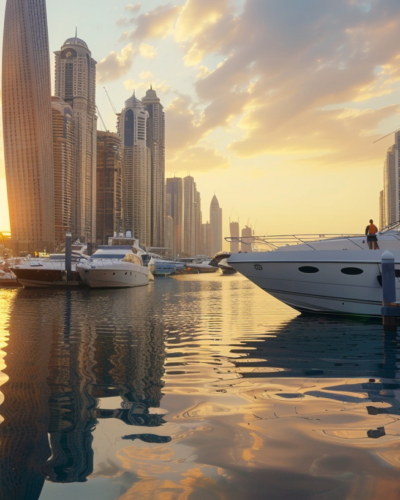 Sunset at Dubai Marina with luxury yachts and skyscrapers reflected in the calm water.