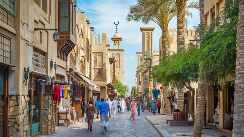 Tourists exploring the narrow lanes and wind towers in Al Fahidi Historical Neighbourhood in Dubai.