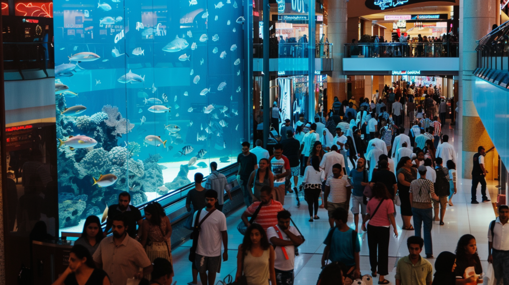 Busy day at Dubai Mall with shoppers near the large aquarium, diverse crowd visible.