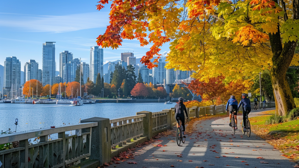 Autumn colors in Stanley Park with cyclists and joggers on the seawall, Vancouver skyline in the distance.