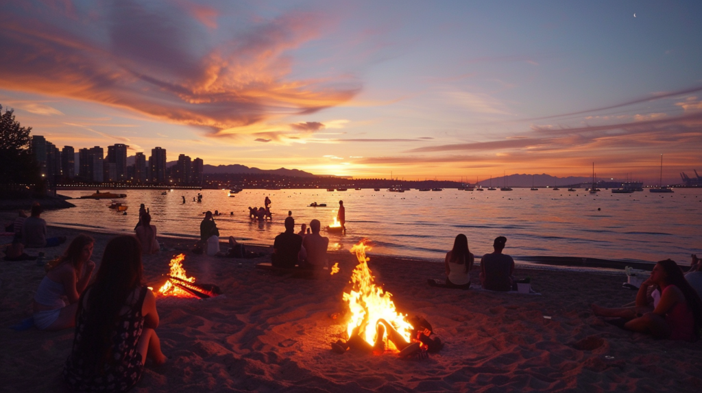 People enjoying bonfires on English Bay beach at sunset, warm light reflecting on water.