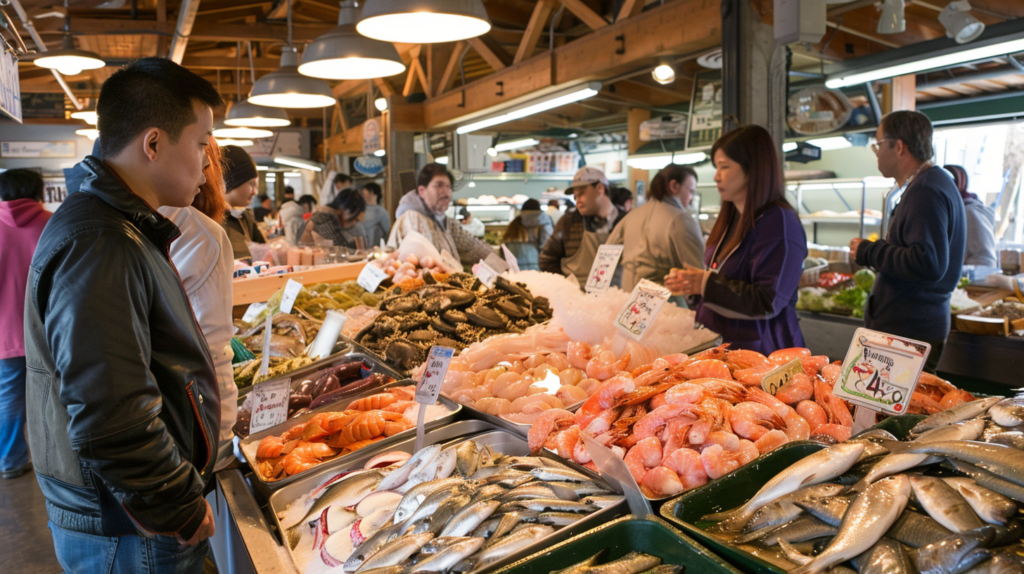 Busy Granville Island Public Market with vendors and shoppers around seafood and produce stalls.