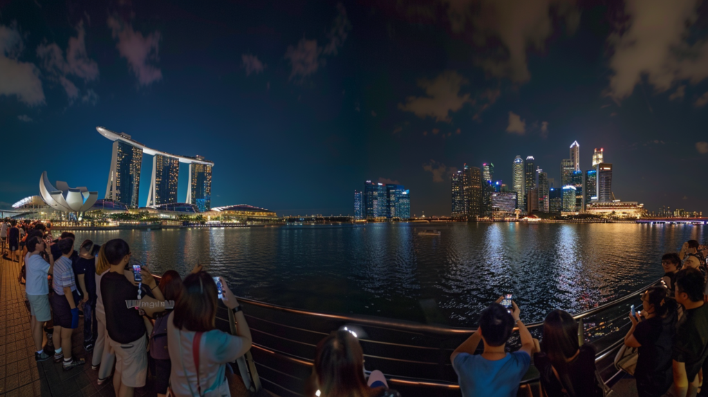Nighttime panorama of Marina Bay Sands and Singapore skyline from Helix Bridge, people photographing.