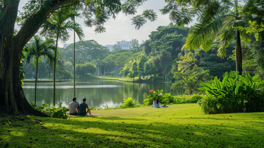 Family picnicking in Singapore Botanic Gardens under tropical trees, small lake in background.