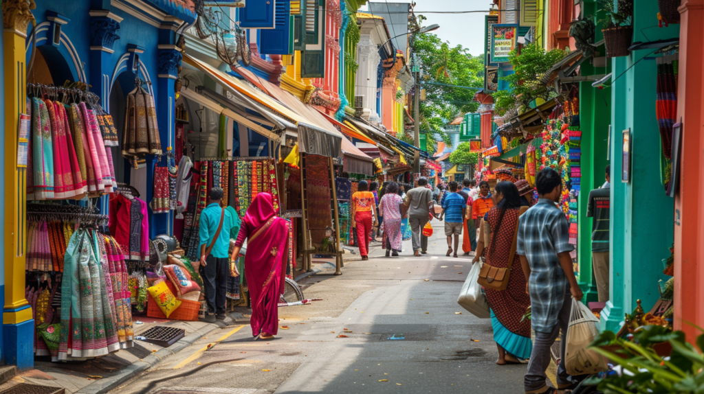 Colorful and busy streets in Little India, Singapore, with diverse locals and tourists.