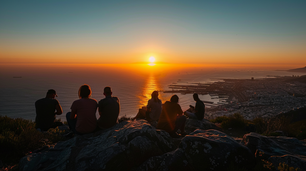 Sunrise from Table Mountain with tourists and panoramic views of Cape Town and the ocean.