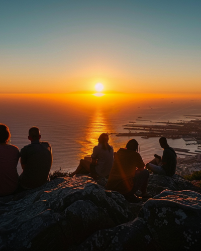 Sunrise from Table Mountain with tourists and panoramic views of Cape Town and the ocean.