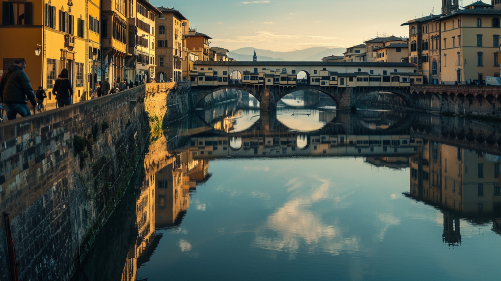 Early morning on Ponte Vecchio in Florence, with pedestrians and cyclists, the Arno river reflecting colorful old buildings.