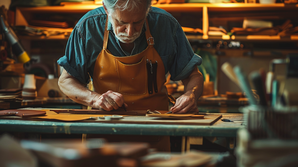 An artisan in Florence crafting traditional leather goods, detailed view of tools and handmade pieces in a workshop.
