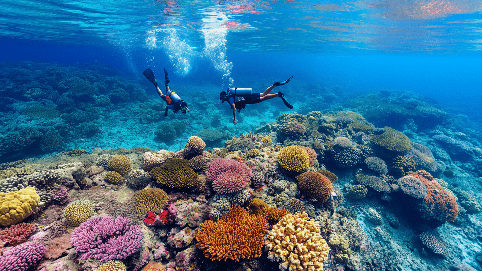 Scuba divers explore the vibrant coral reefs of Tubbataha Reefs in the Philippines, a popular destination in Asia for marine beauty