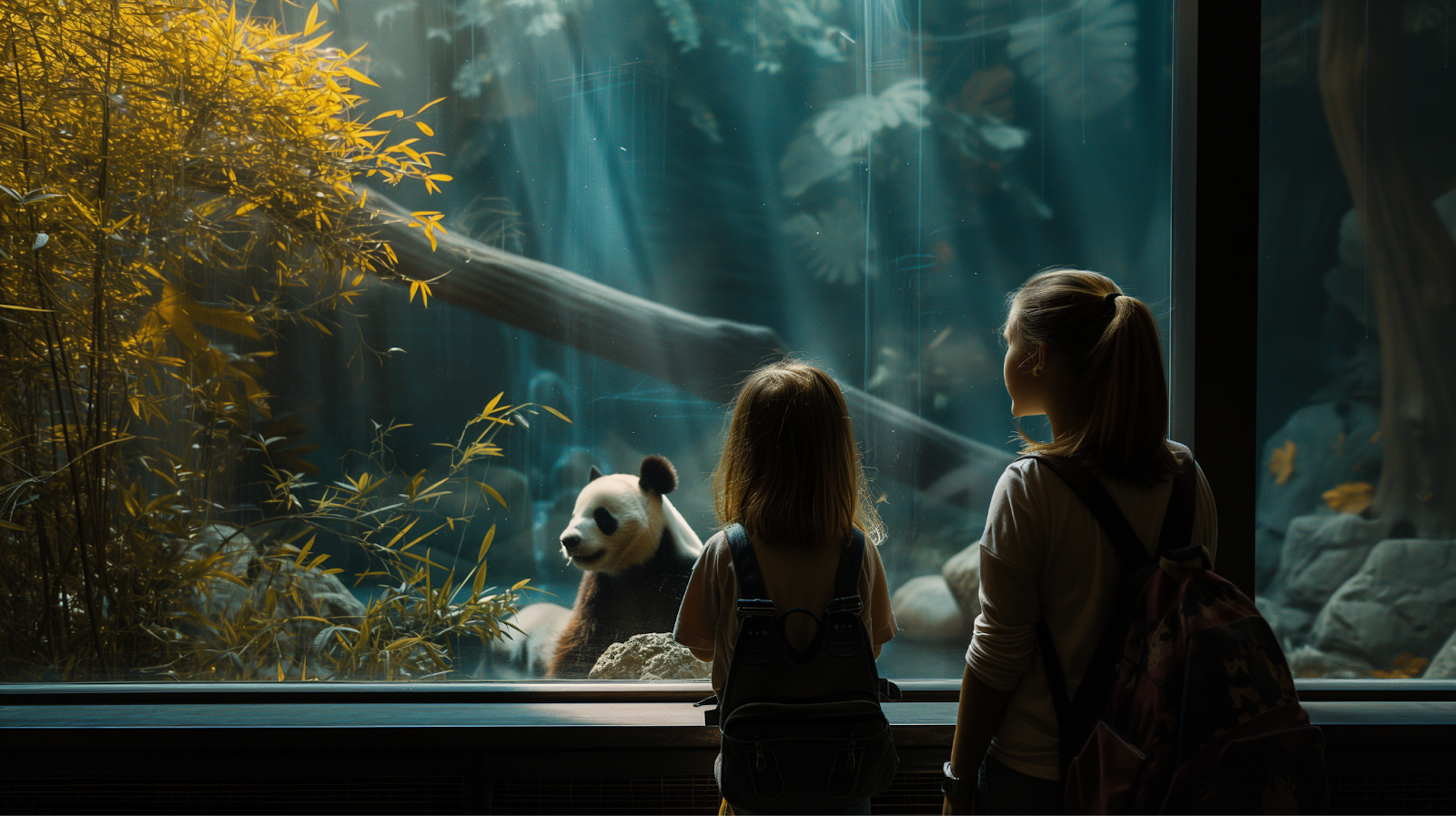 Captivated siblings gaze in awe at a panda in the zoo.