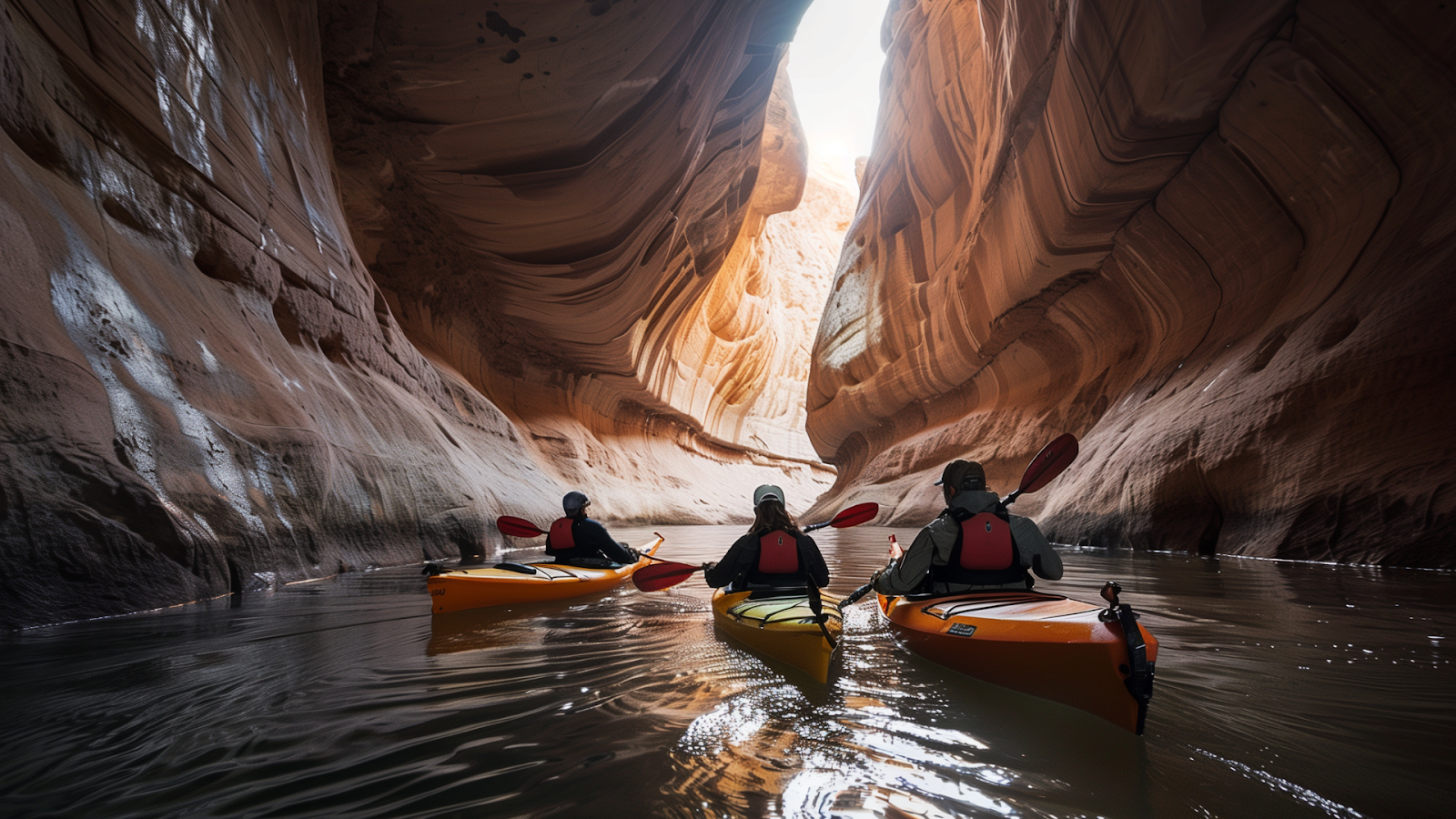 Kayakers exploring the narrow canyons of Lake Powell, highlighting the thrill of adventure in Arizona's landscapes.