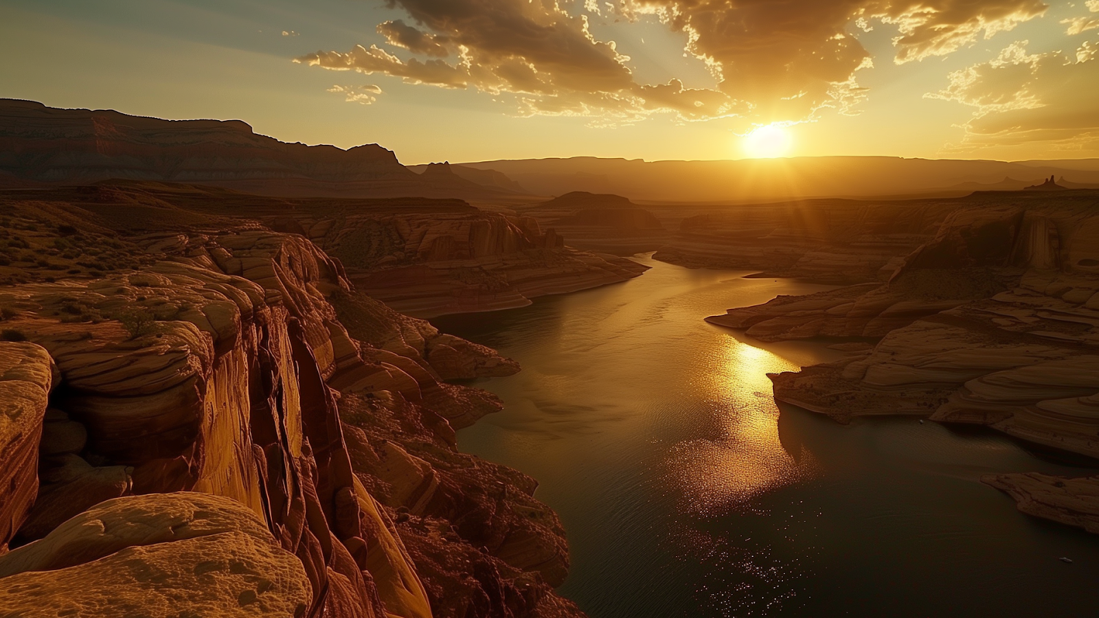 Sunset view from a cliff overlooking Lake Powell, showcasing the expansive beauty of the lake and the sky's vibrant colors.