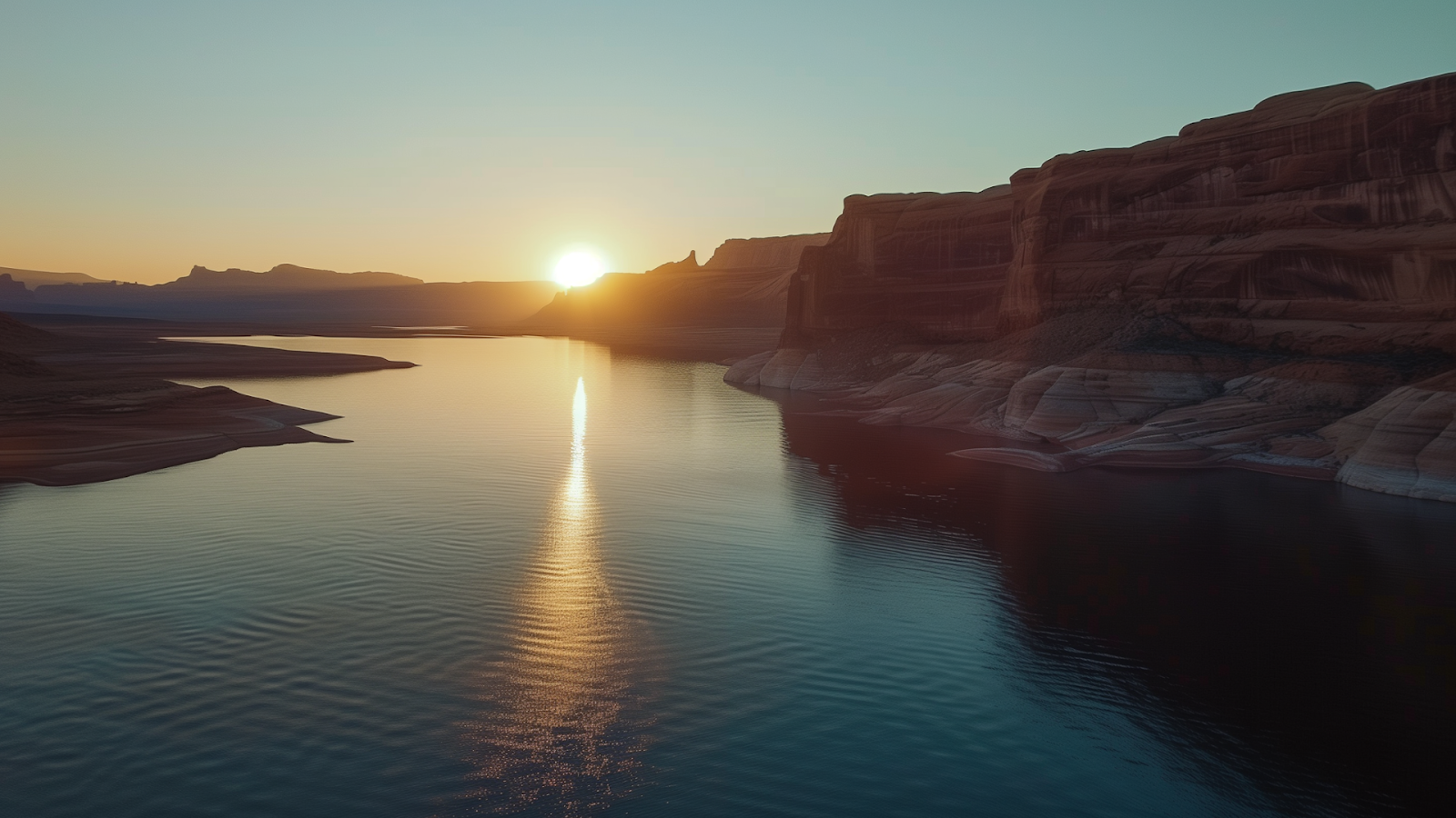 Sunrise at Lake Powell, with sunlight casting a warm glow on red rock canyons and the tranquil lake.