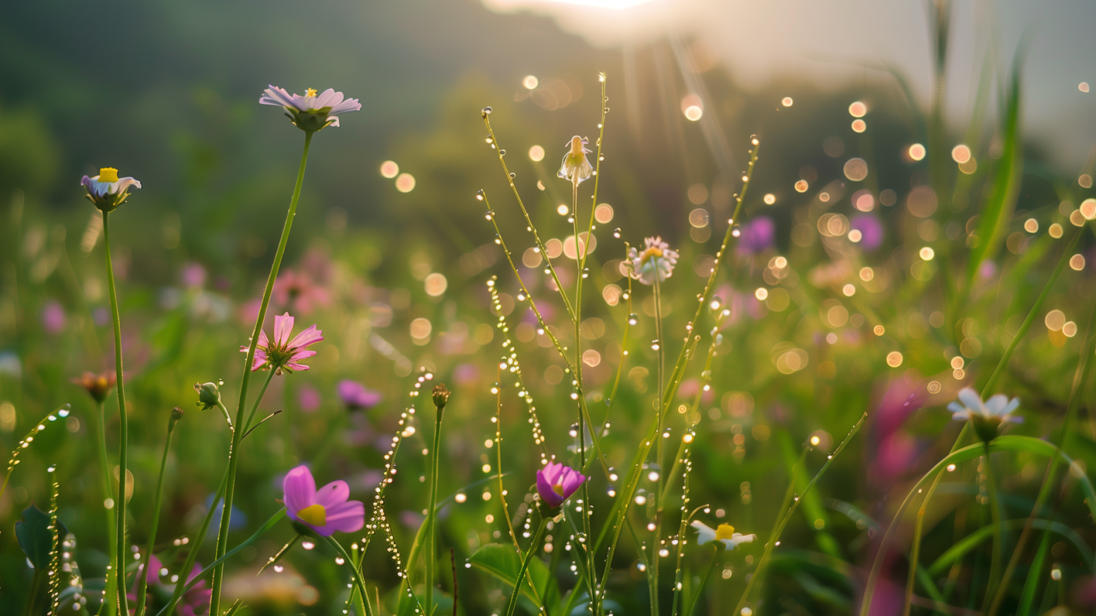 Dew-covered wildflowers along a Blue Ridge Mountains trail.