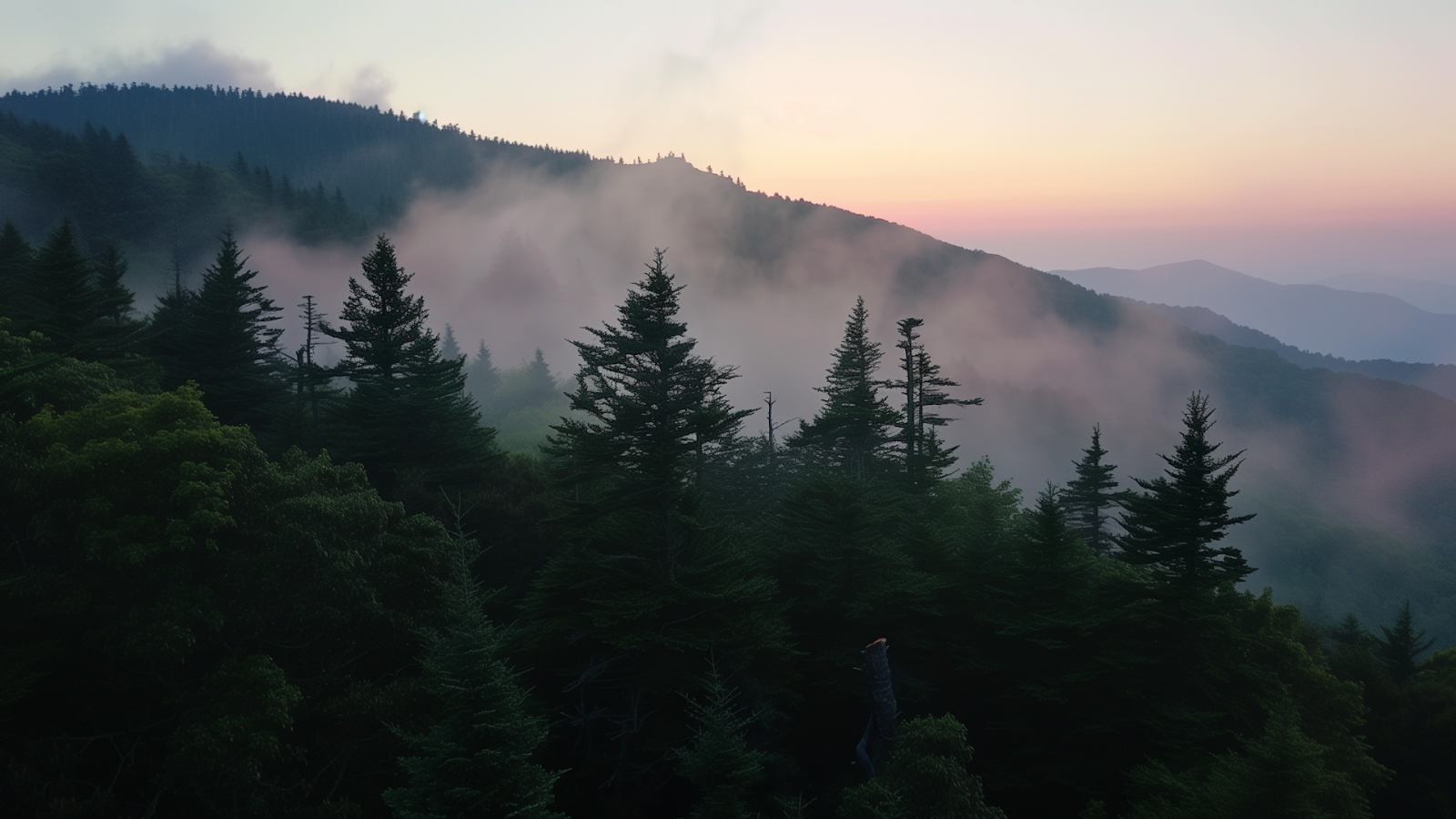 Sunrise at Mount Mitchell with a hiker admiring the view.