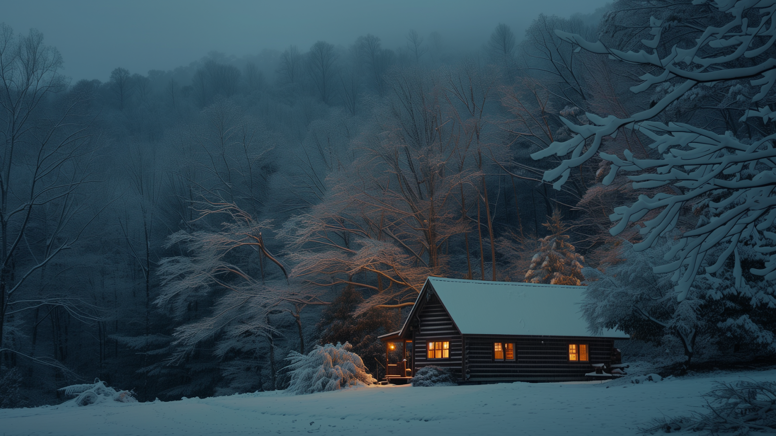 Cozy mountain cabin at twilight in the snow-covered Blue Ridge Mountains.