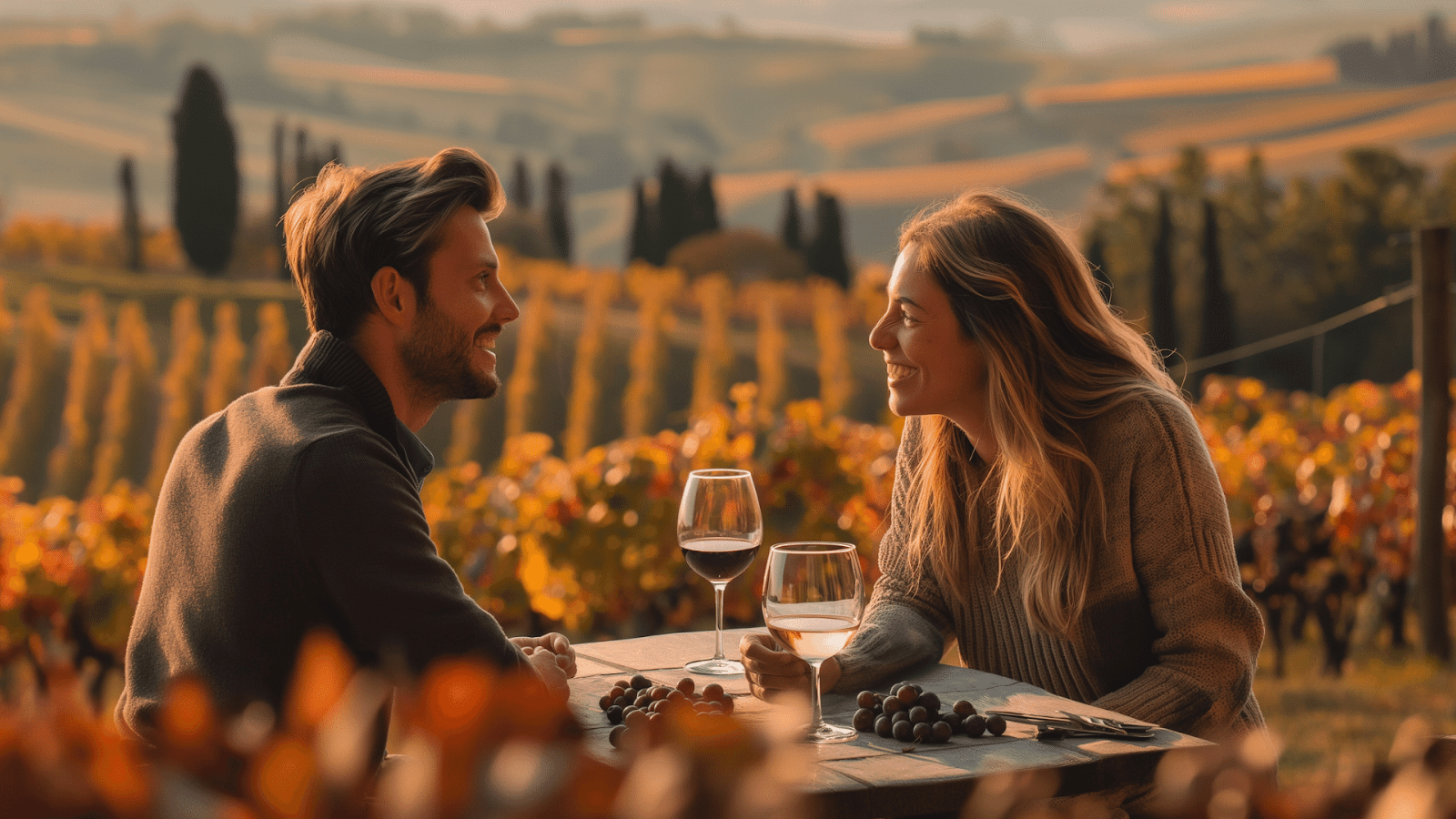 Couple enjoys wine in Tuscany, exploring where to travel in Europe for romance and vineyards