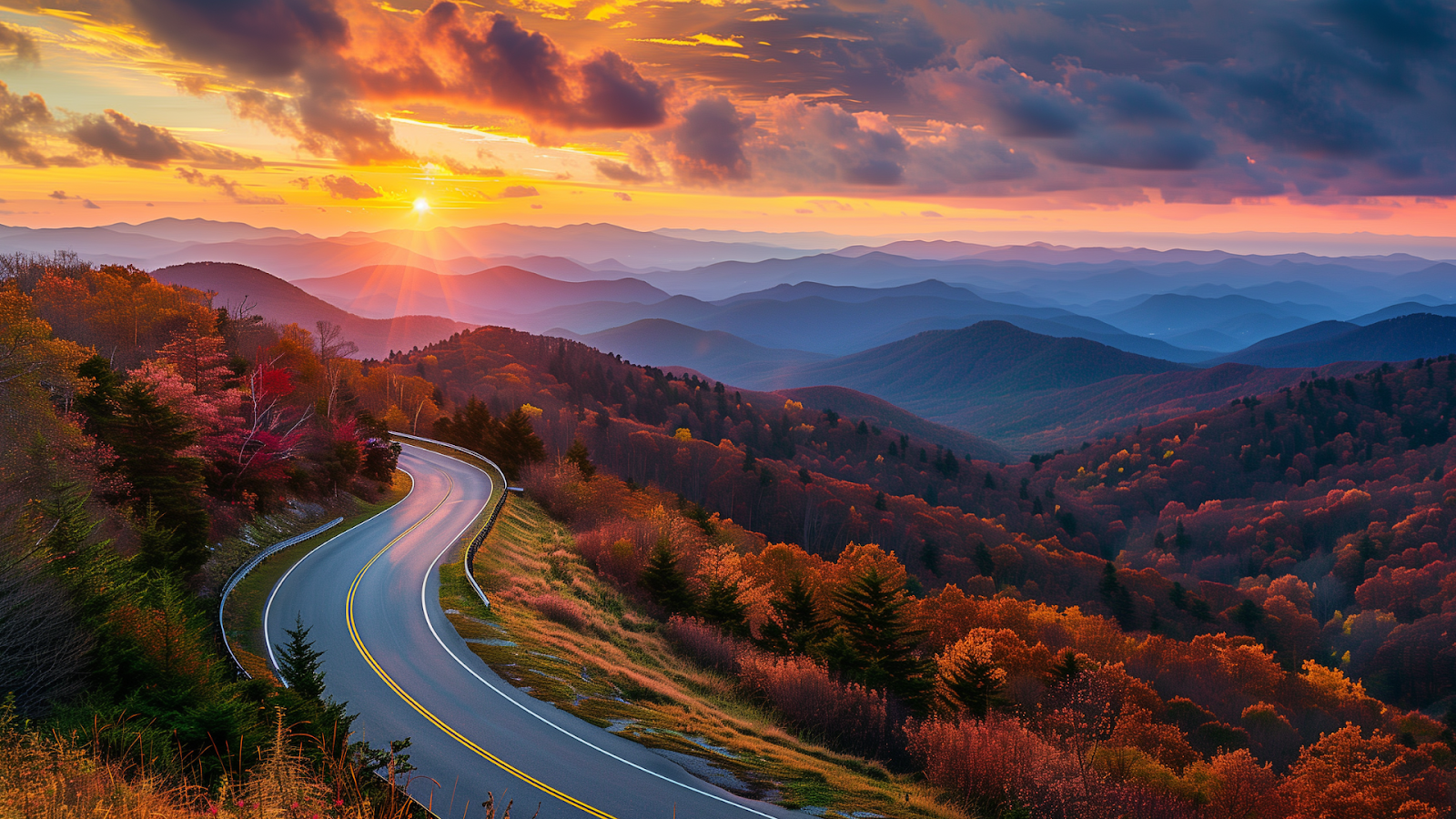 Sunset on the Blue Ridge Parkway in autumn, showcasing the colorful foliage.