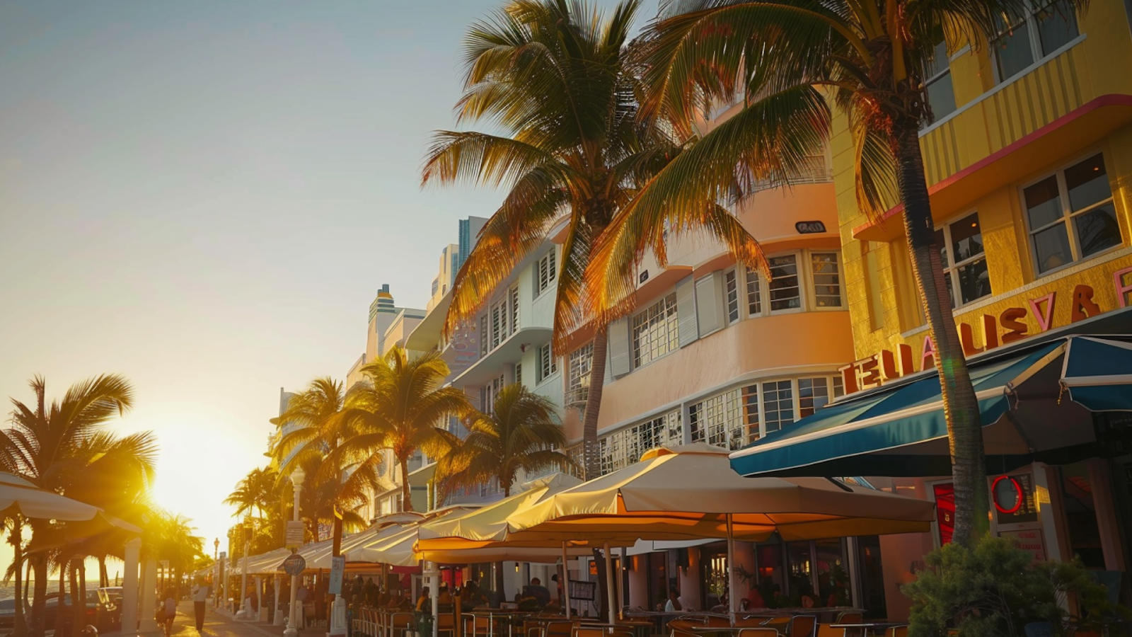 South Beach atmosphere with Art Deco buildings at golden hour.