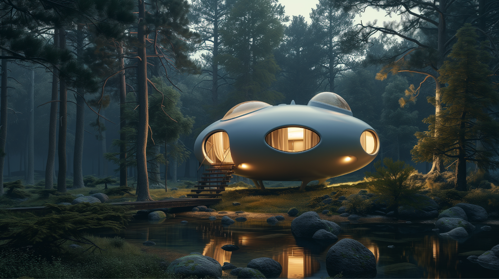 A panoramic view of a Futuro House nestled in a serene forest.