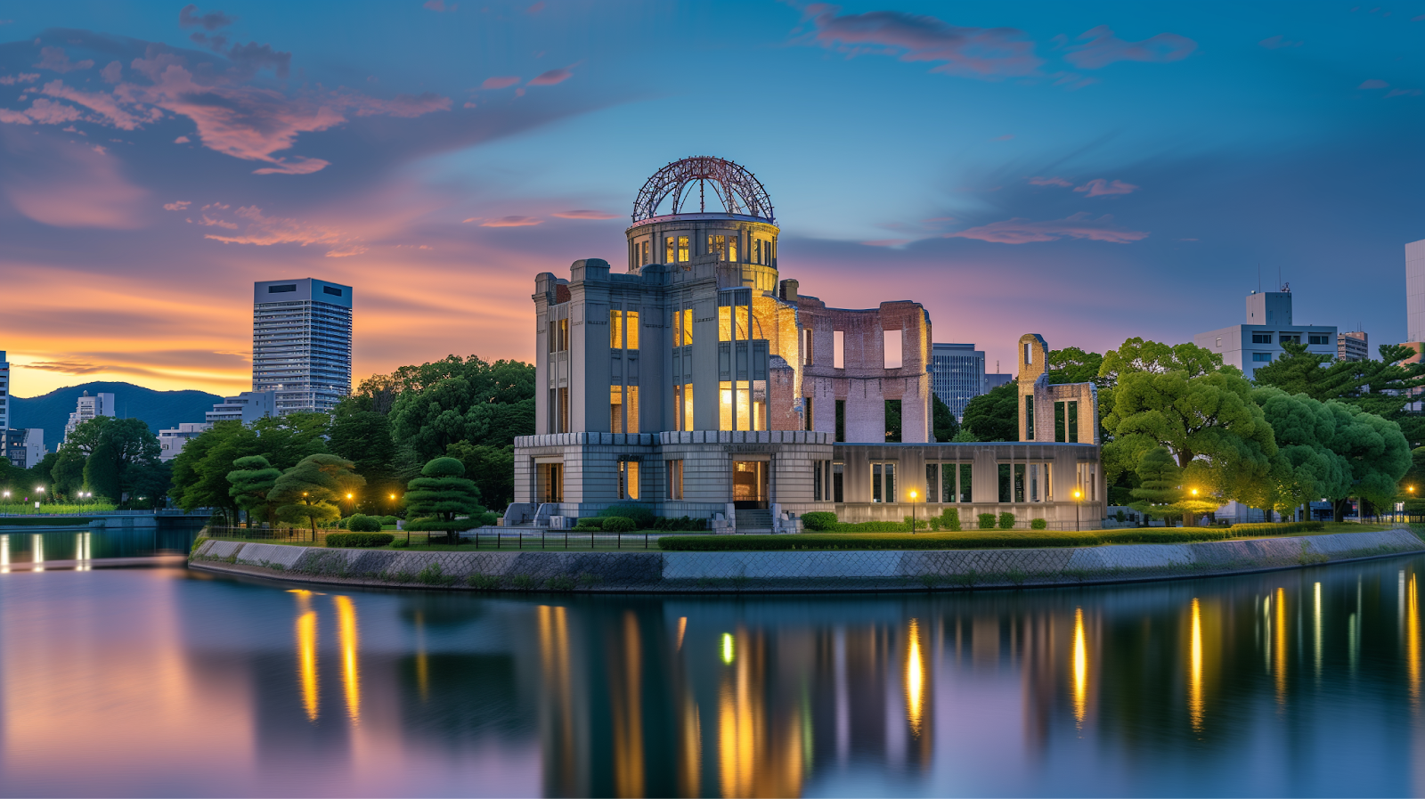Shot of Hiroshima Peace Memorial Park at dusk.