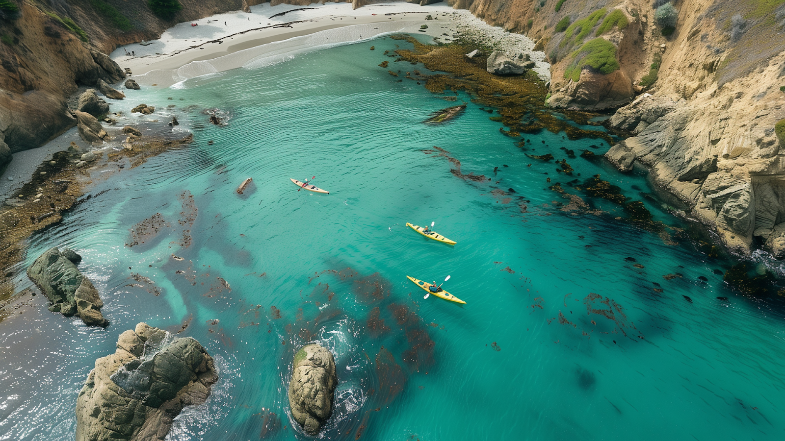 Kayakers exploring a hidden cove in Big Sur, viewed from above, showcasing the stunning contrast of turquoise waters against rugged cliffs.