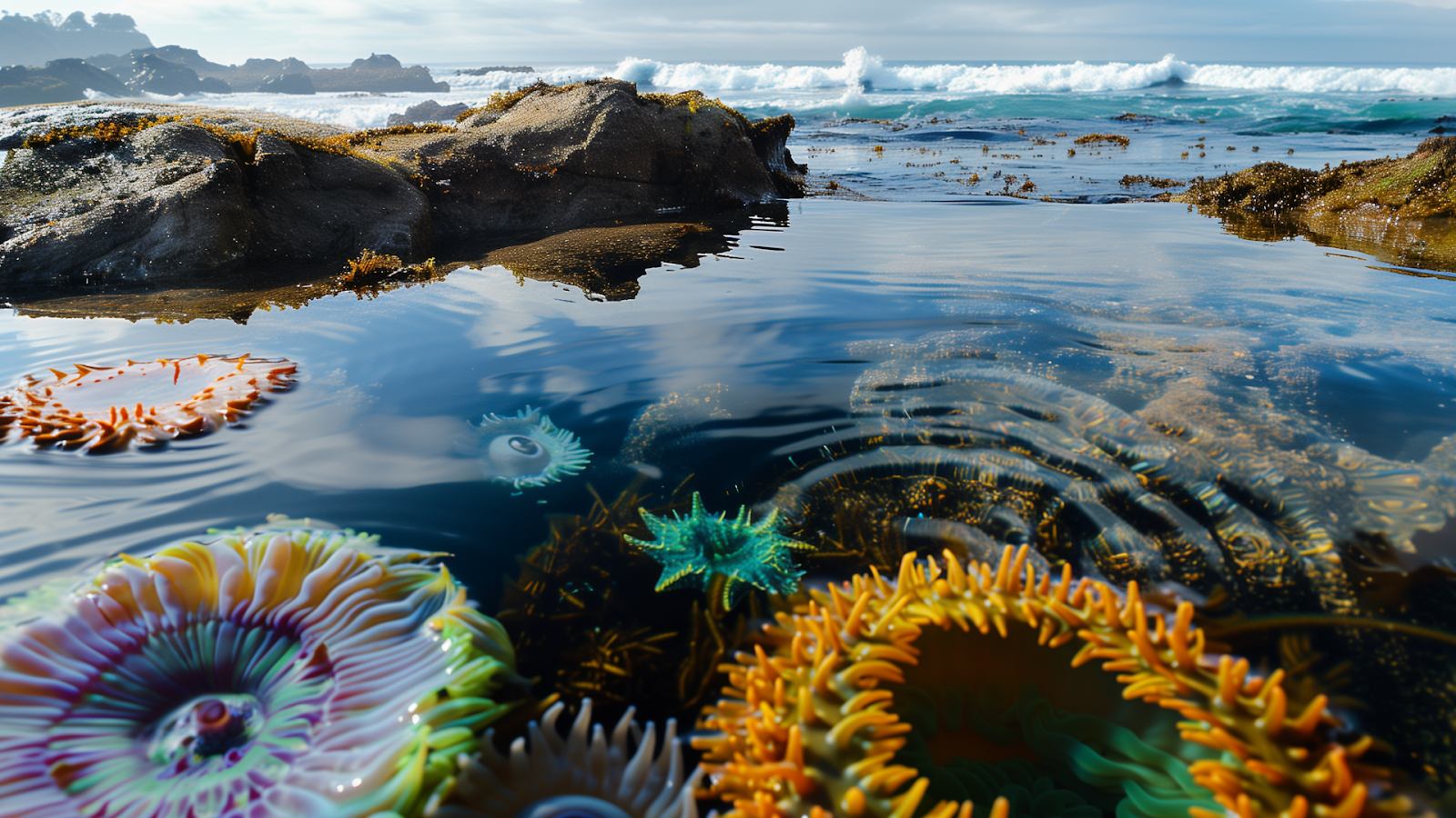 Vibrant tide pool at Laguna Beach with sea anemones and starfish, waves softly breaking in the distance.