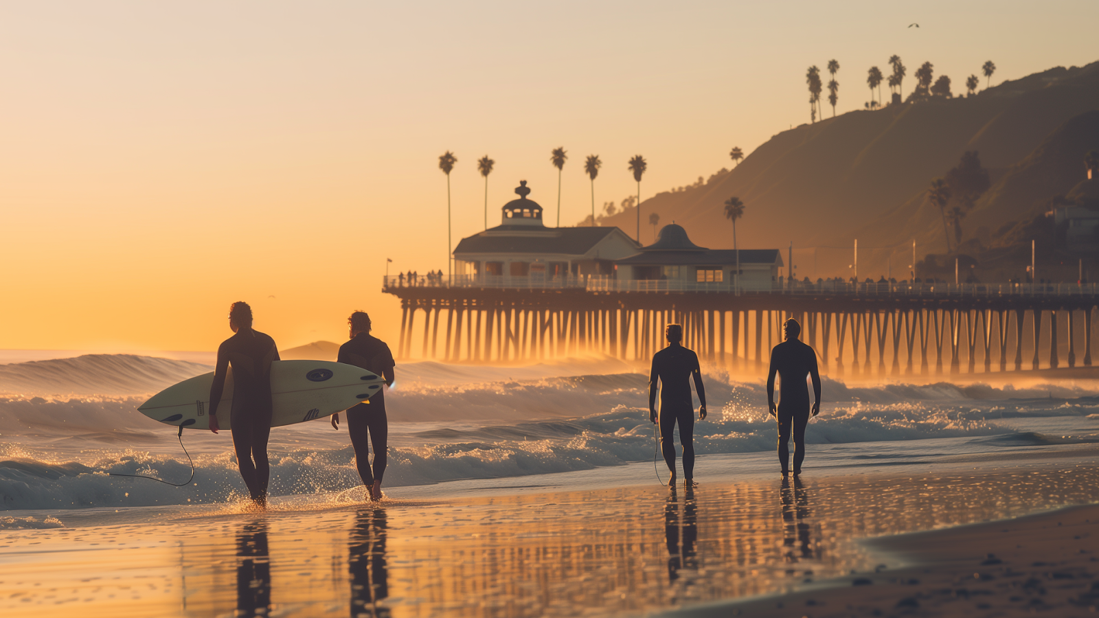 Silhouette of a surfer at Malibu's Surfrider Beach at dawn.