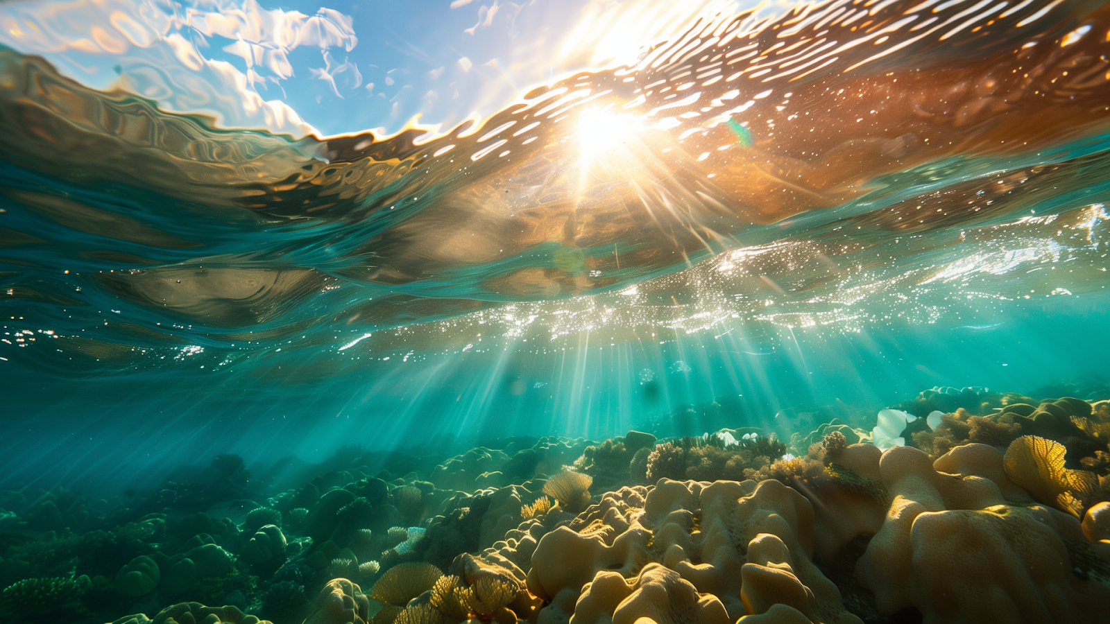 Snorkeler’s view of the rich, colorful coral reefs and marine life under the clear waters of Hapuna Beach.